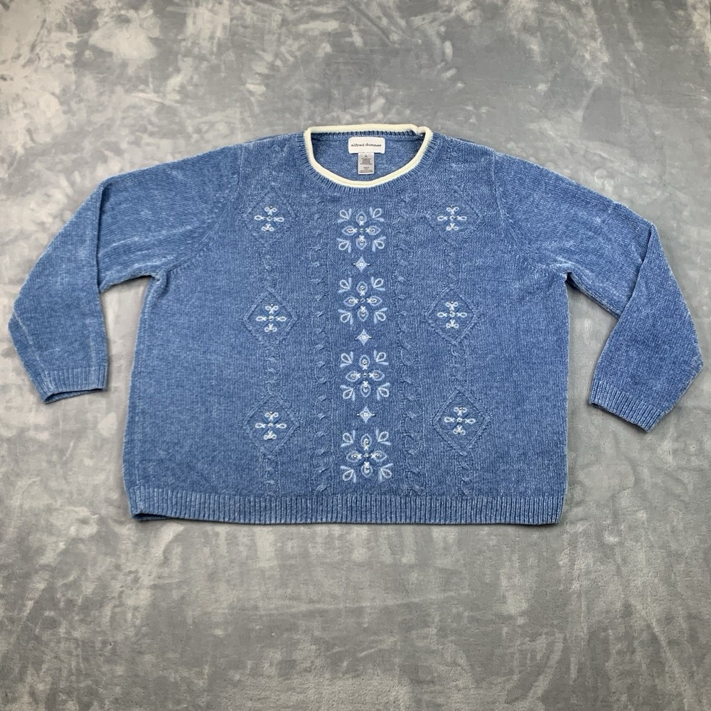 Alfred Dunner Women's XL Blue‎ Embroidered Floral Embellished Sweatshirt